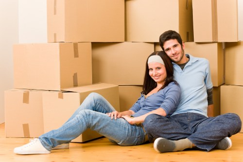 Organised office move setup with furniture and boxes in Marylebone