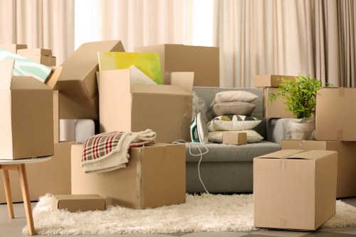 Packed boxes and furniture ready for a flat move in Marylebone